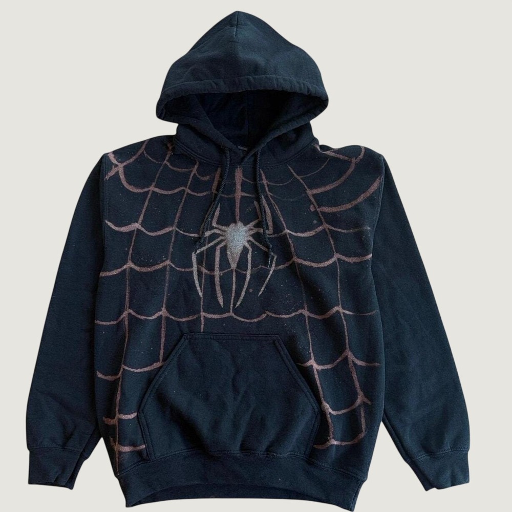 Handmade Bleach Dyed Black Hoodie Spiderman Sweatshirt Unisex
